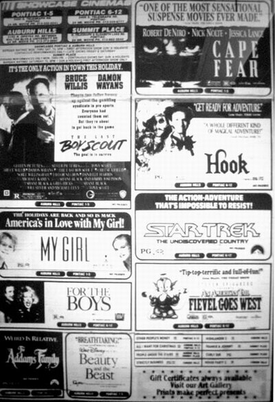 Showcase Cinemas Pontiac 1-5 - Old Ad (newer photo)